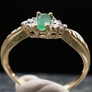 Gorgeous 5x3mm Natural Emerald and Diamond ring deep green color size 7